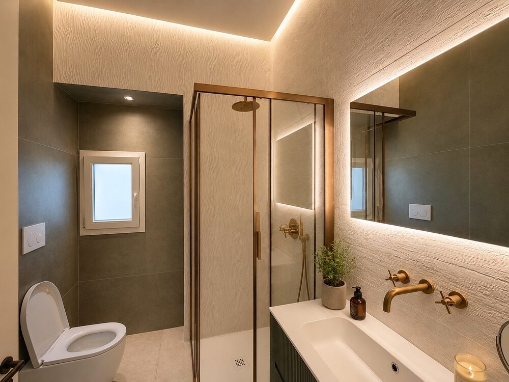 The bathroom, in stone and aged brass