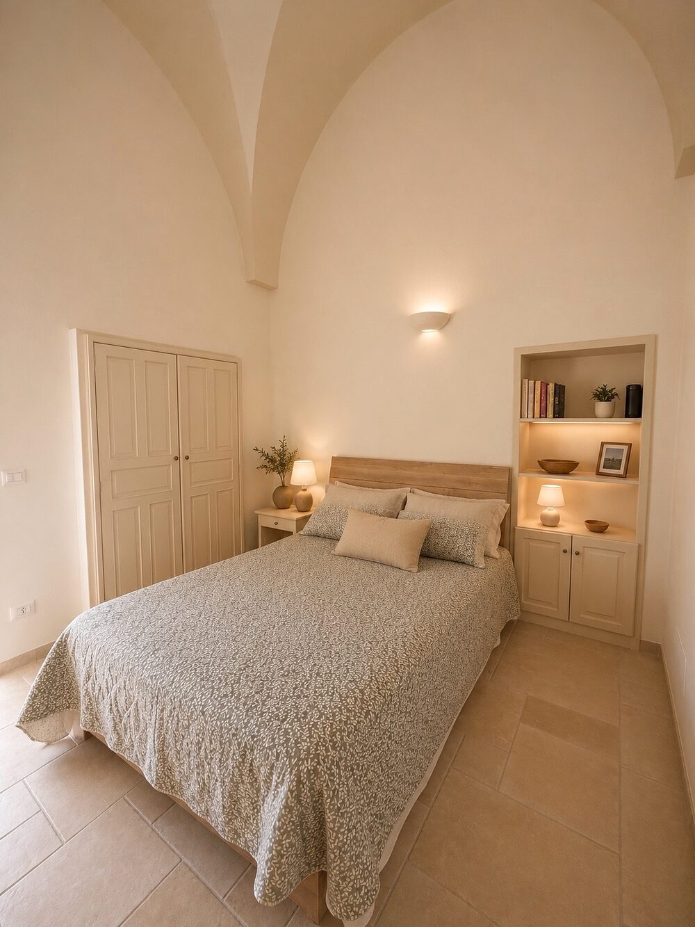 The vaulted bedroom, with a double bed